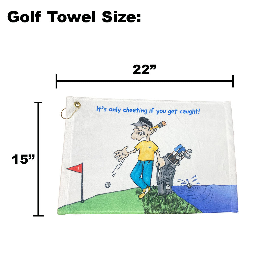 Golf towel with cartoon golfer design and measurements on a white background