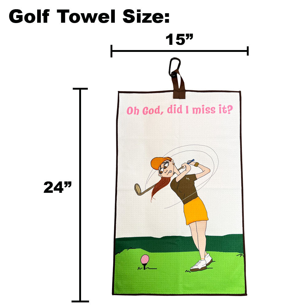 golf towel with female golfer cartoon on white background with dimensions