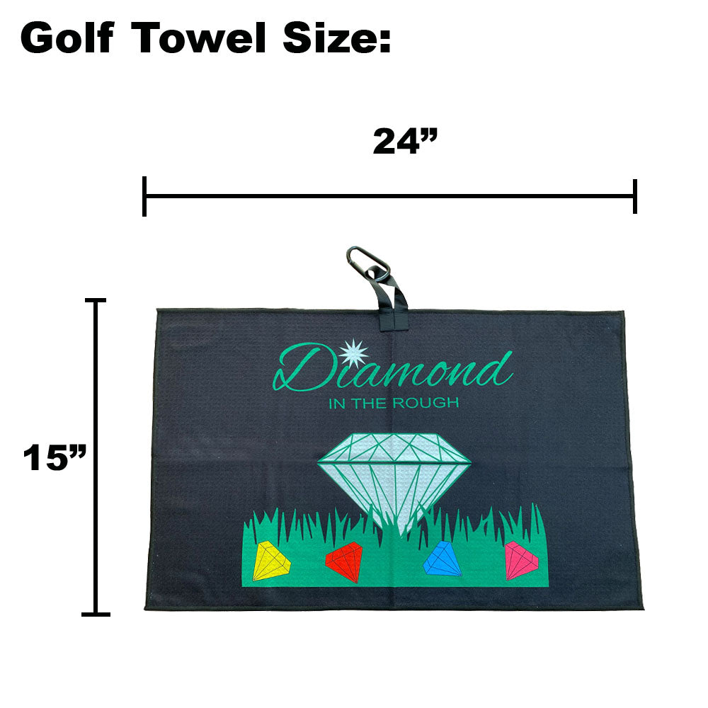 black golf towel on white background with dimensions