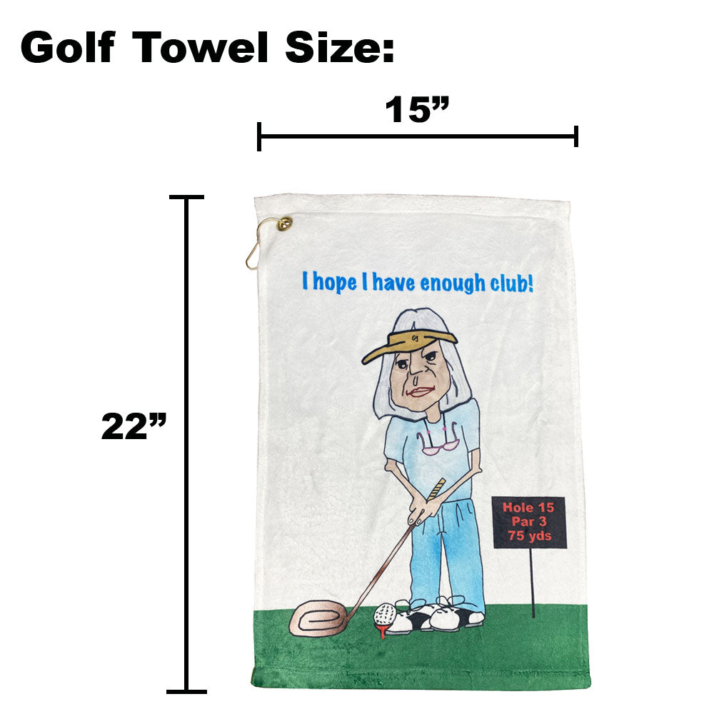 Golf towel with cartoon golfer design and measurements on a white background