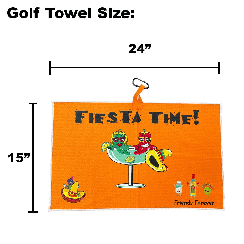 orange fiesta-themed golf towel on white background with dimensions