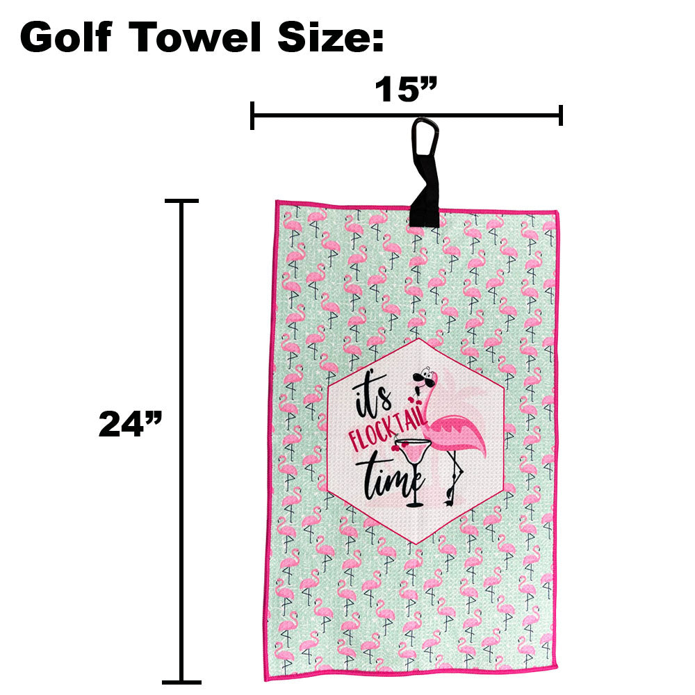 golf towel with flamingos design on a white background with dimensions