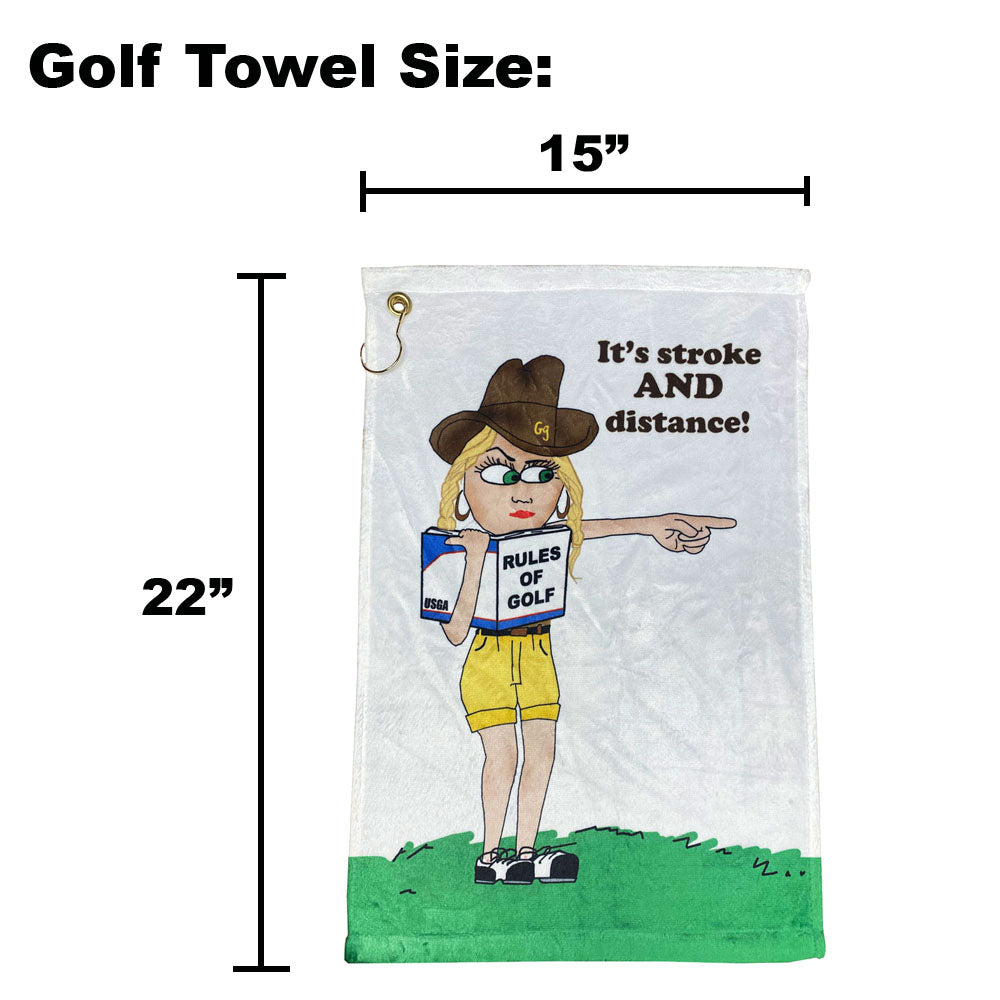Golf towel with cartoon character and text, shown with dimensions on a white background