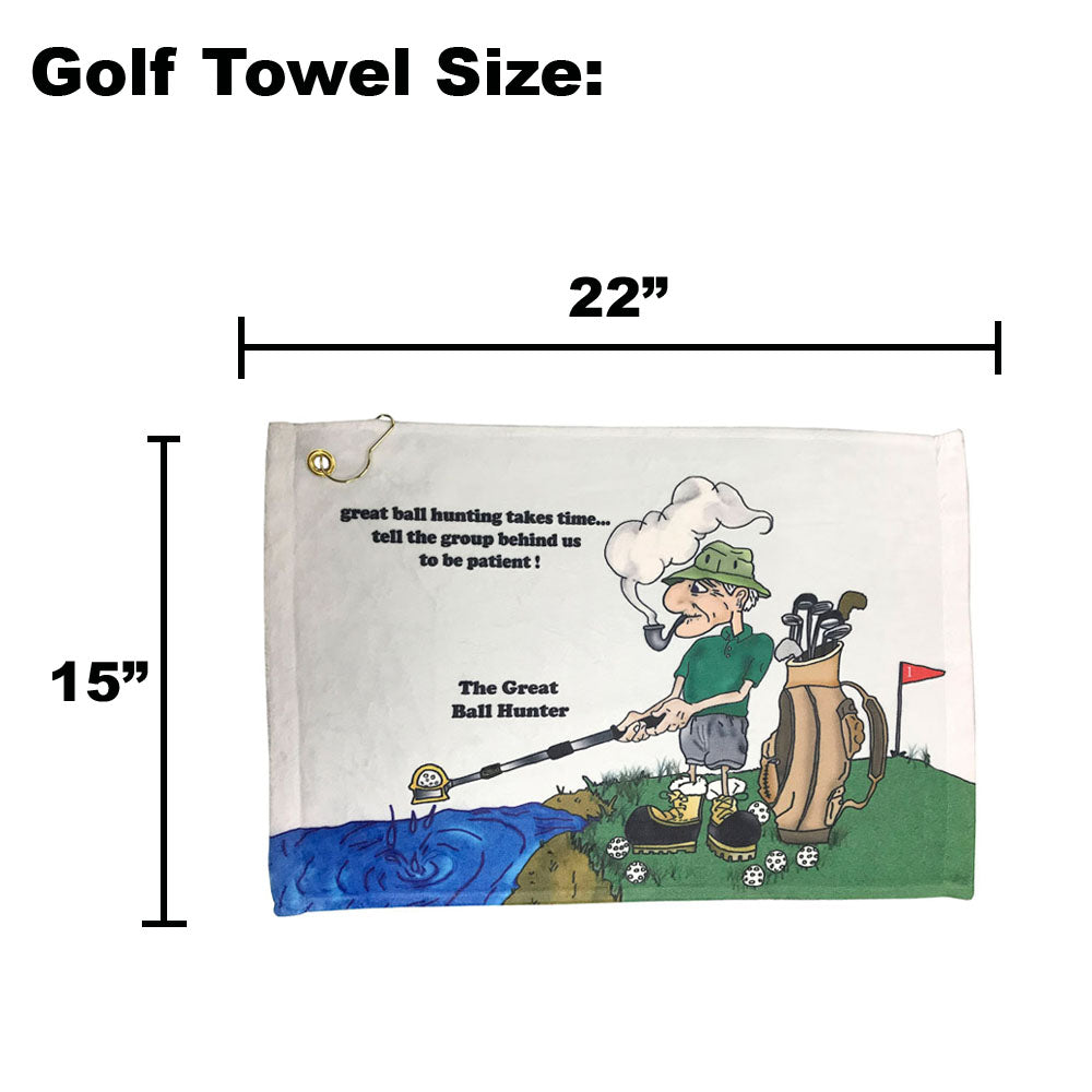 Golf towel with cartoon golfer design and measurements on a white background