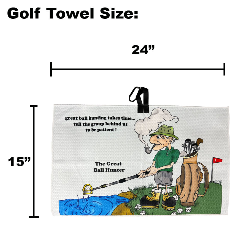grey golf towel with male golfer cartoon on white background with dimensions