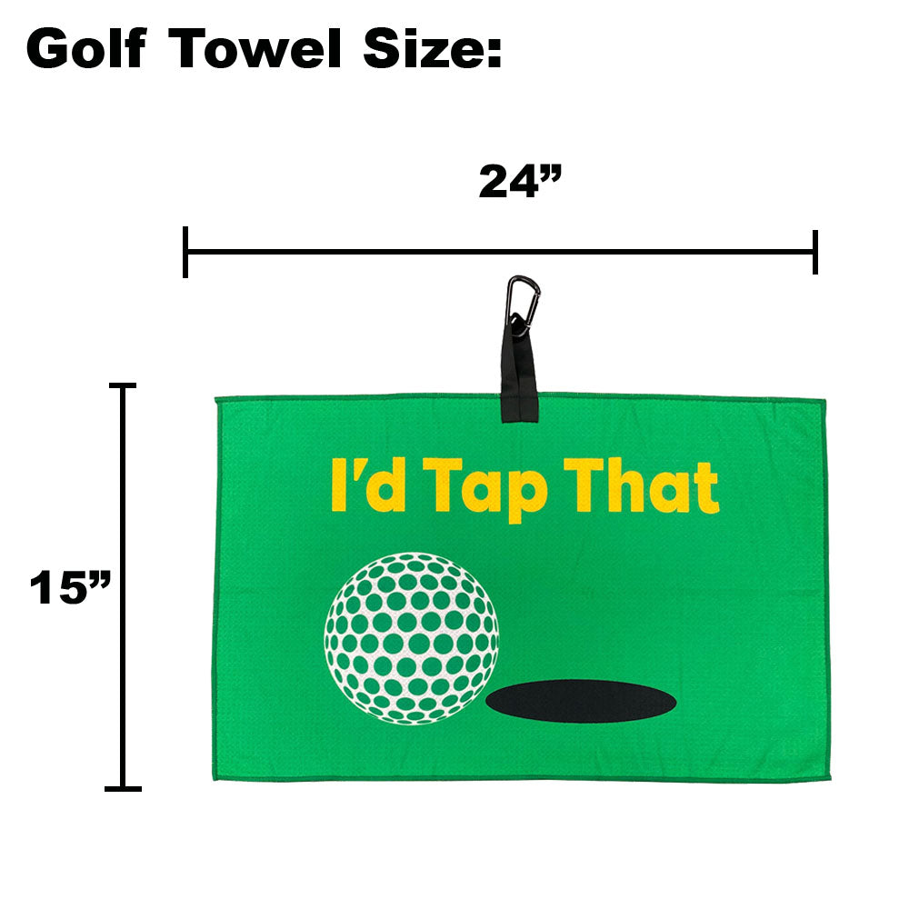 funny green golf towel on white background with dimensions