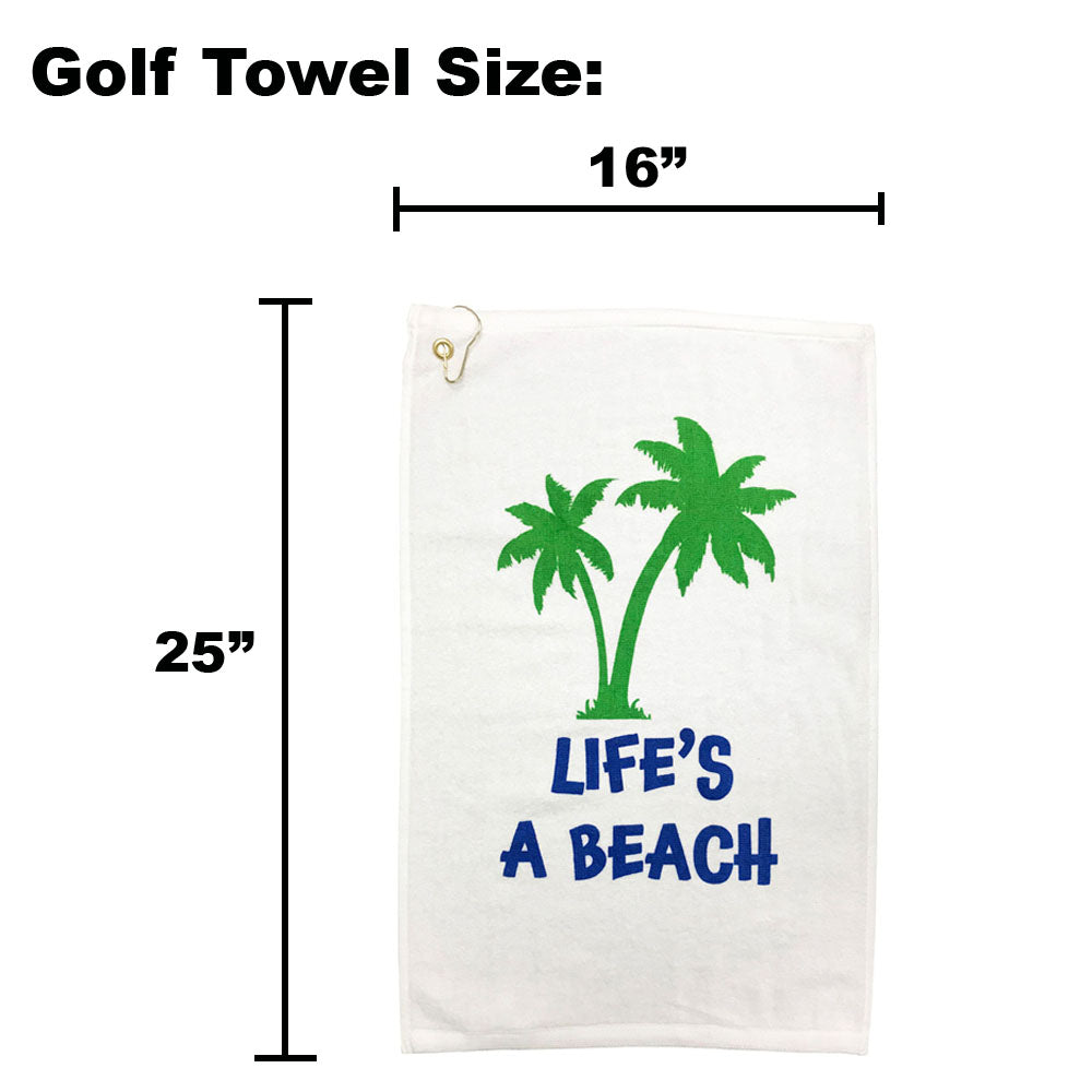 beach themed white golf towel with dimensions labeled
