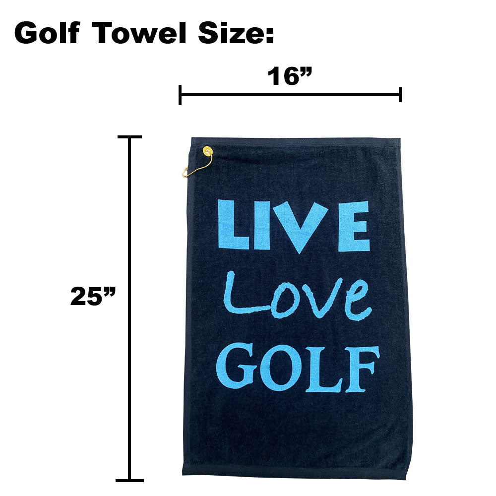 Golf towel with 'Live Love Golf' text and measurements on a white background