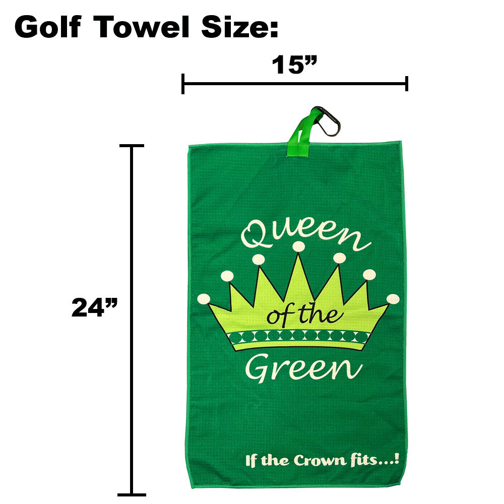 green golf towel with crown on a white background with dimensions