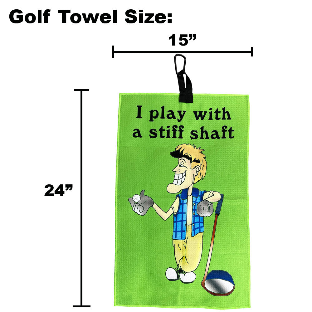 green golf towel with male golfer cartoon on white background with dimensions