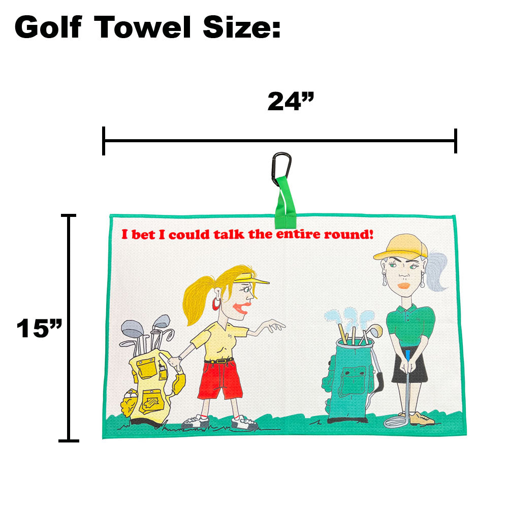 golf towel with two female golf cartoons on white background with dimensions