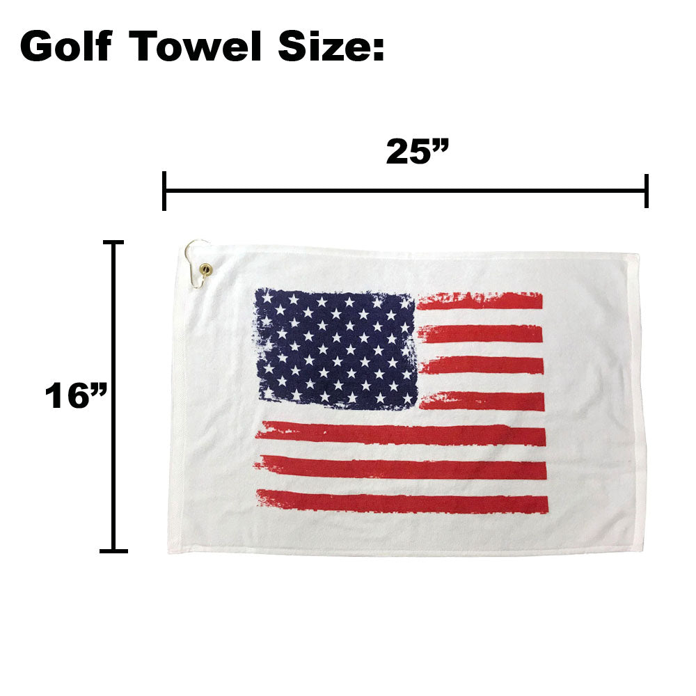 Golf towel with American flag design and dimensions labeled