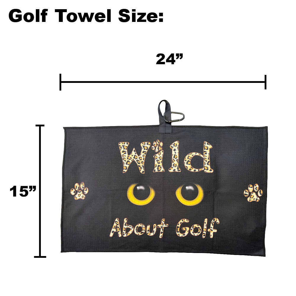 black golf towel with leopard print design on a white background with dimensions
