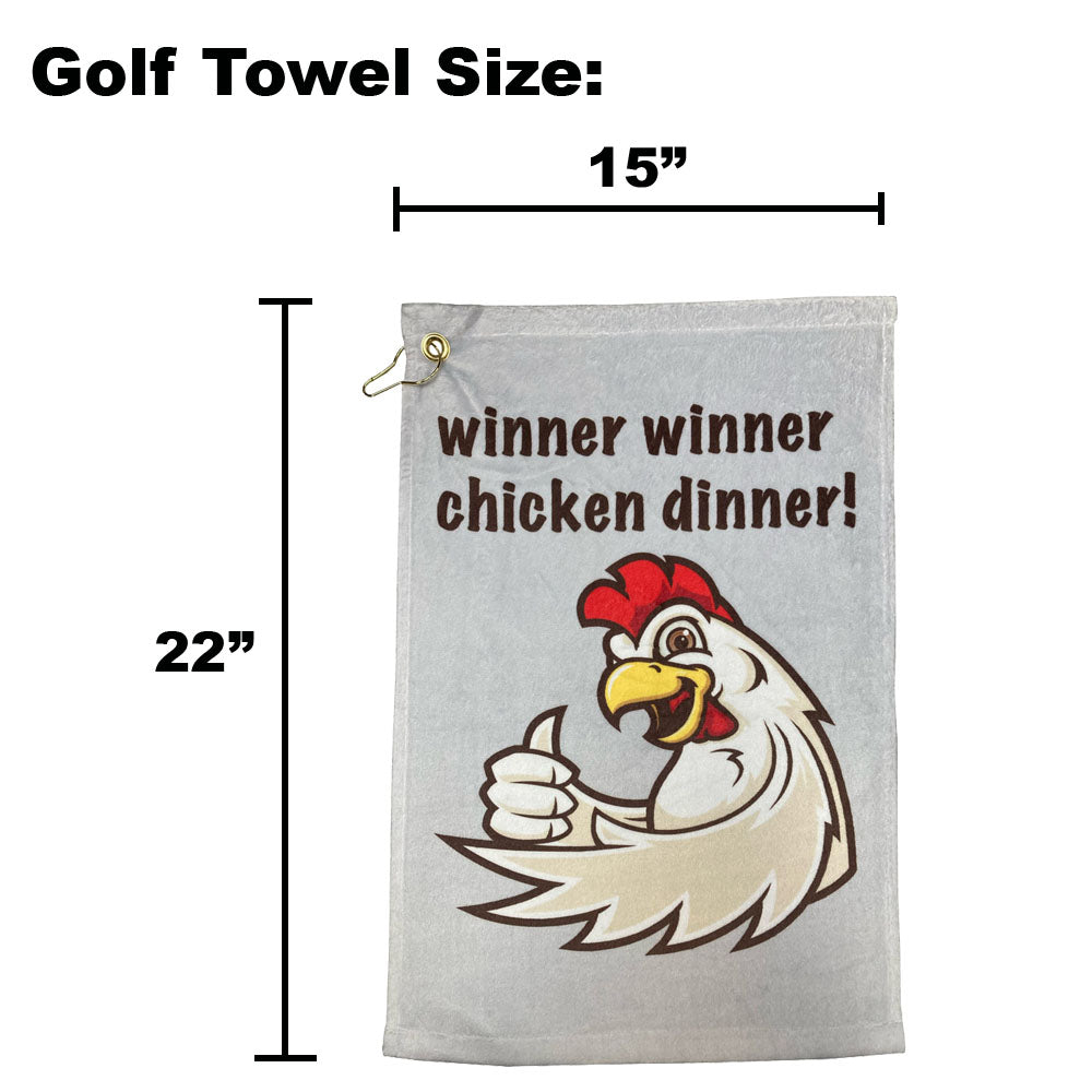 Golf towel with cartoon chicken and text 'winner winner chicken dinner!' displayed with measurements.