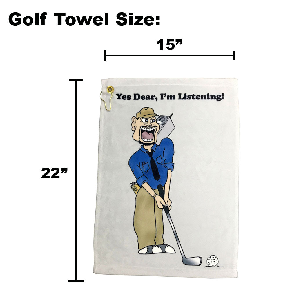 Golf towel with cartoon character and text 'Yes Dear, I'm Listening!' displayed with measurements on a white background.