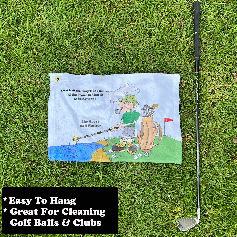 Golf flag with older male golfer cartoon character on grass next to a golf club