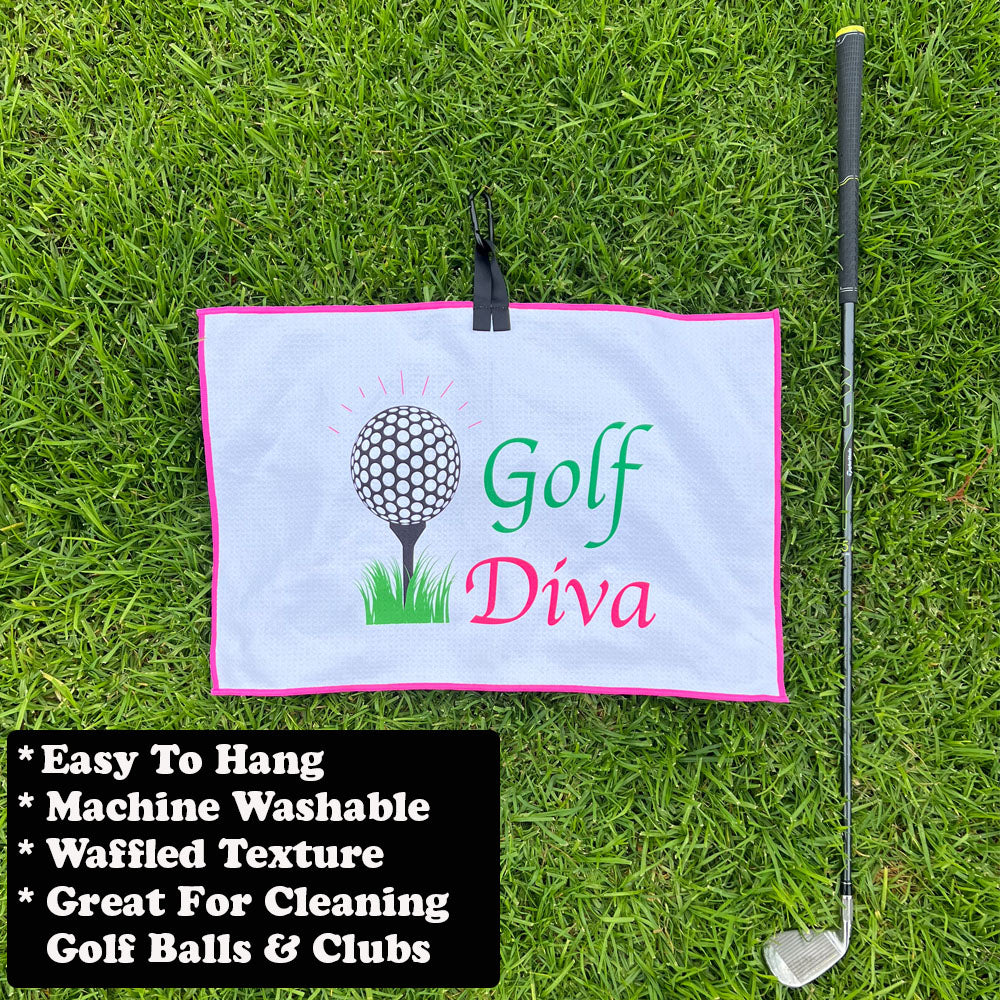 Golf towel with 'Golf Diva' text and a golf club on grass