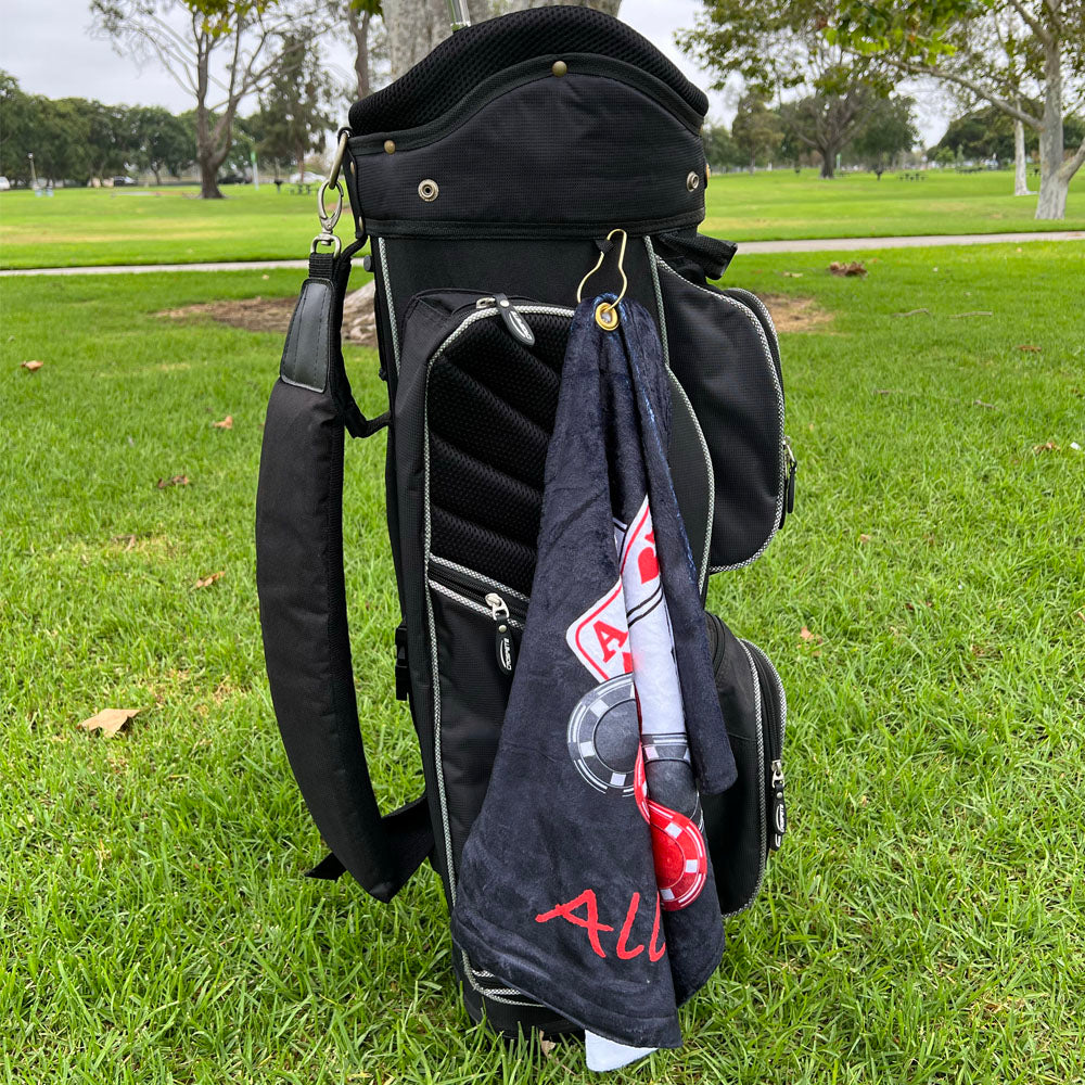 black poker towel on black golf bag