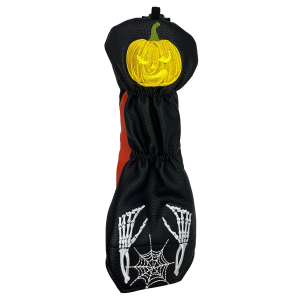 Giggle Golf Halloween Utility Head Cover, black hybrid head cover with skeleton and pumpkin on the back