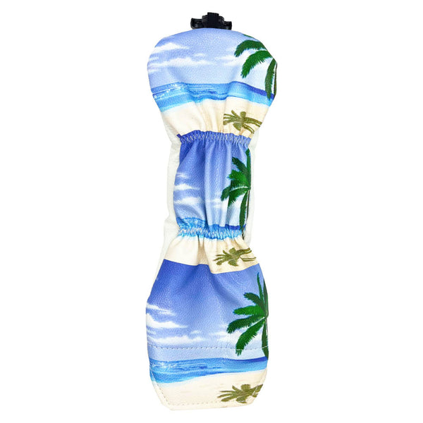 Giggle Golf Life's A Beach Utility Head Cover, white hybrid head cover with a tropical beach scene on the back