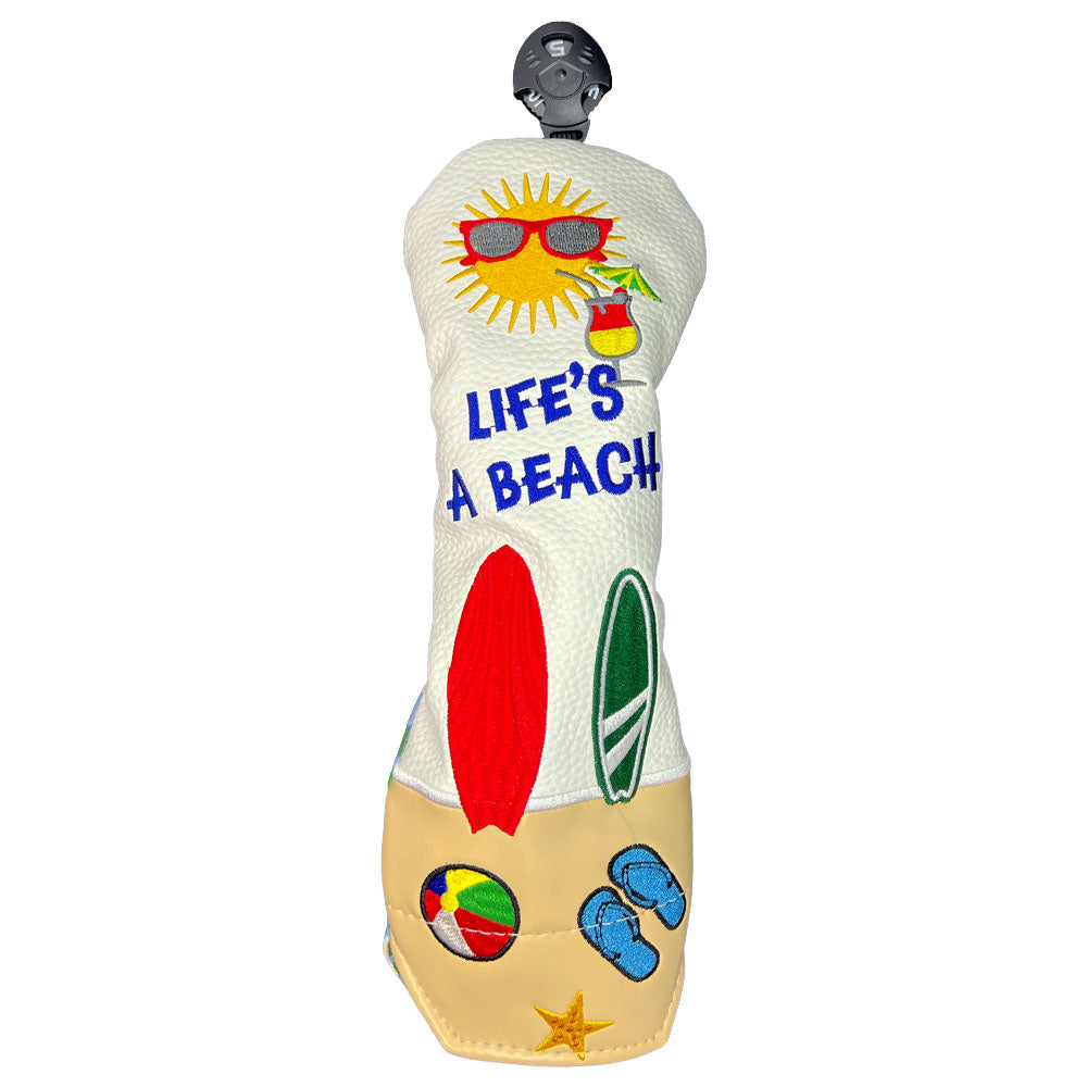 Giggle Golf Life's A Beach Utility Head Cover, white hybrid head cover with colorful beach themed icons