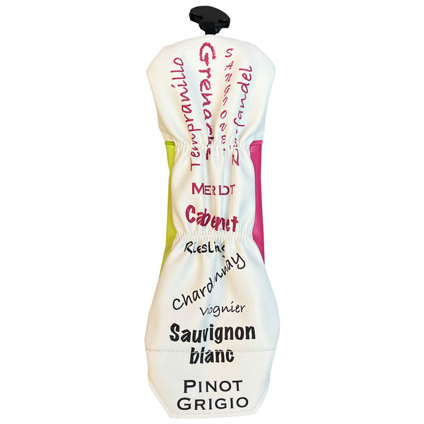 The back of the Giggle Golf Putt Now Wine Later utility head cover.
