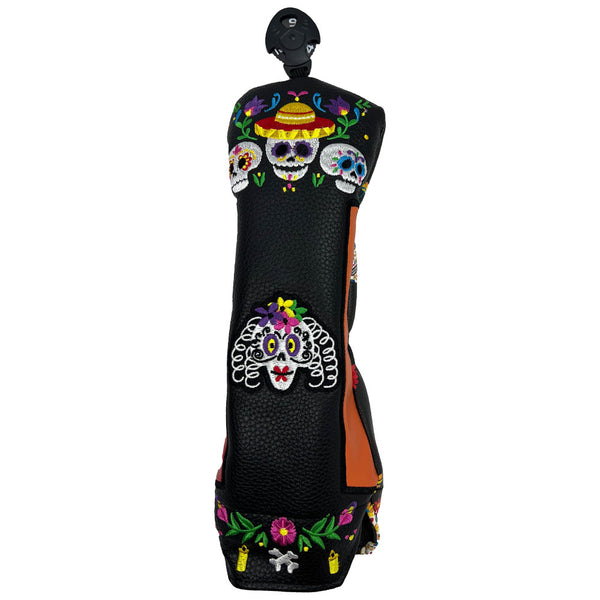 Giggle Golf Sugar Skulls Utility Head Cover, black hybrid head cover with colorful embroidered skulls on the front