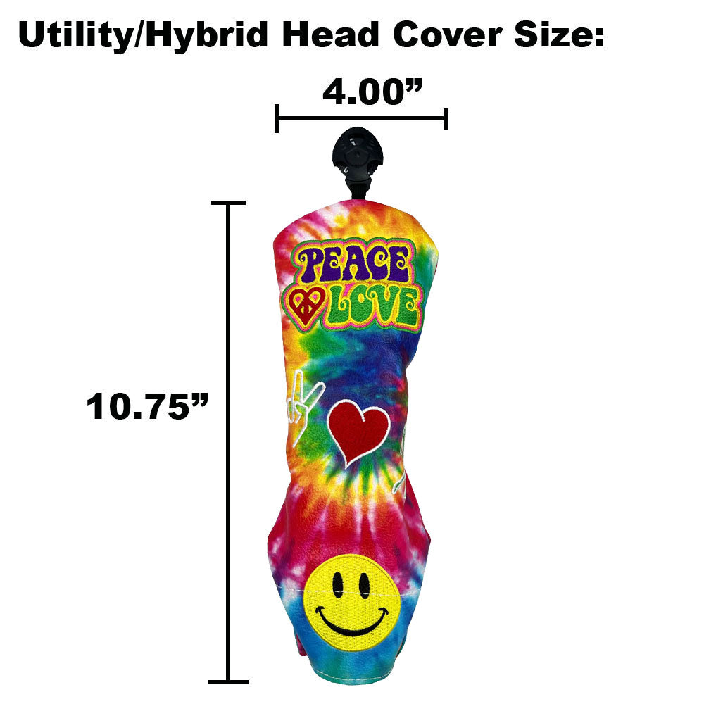 Colorful tie-dye hybrid head cover with 'Peace Love' and smiley face design, shown with measurements on a white background.