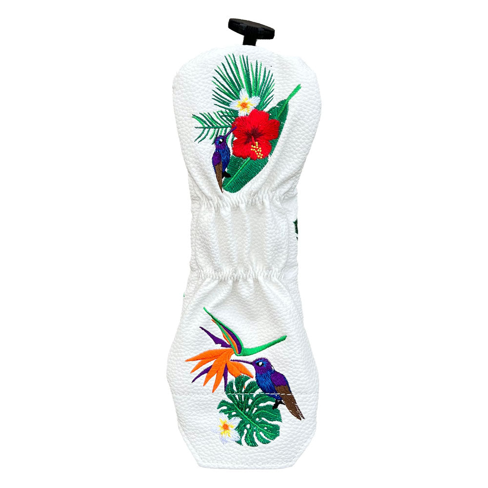 White hybrid golf head cover with colorful tropical designs on a white background