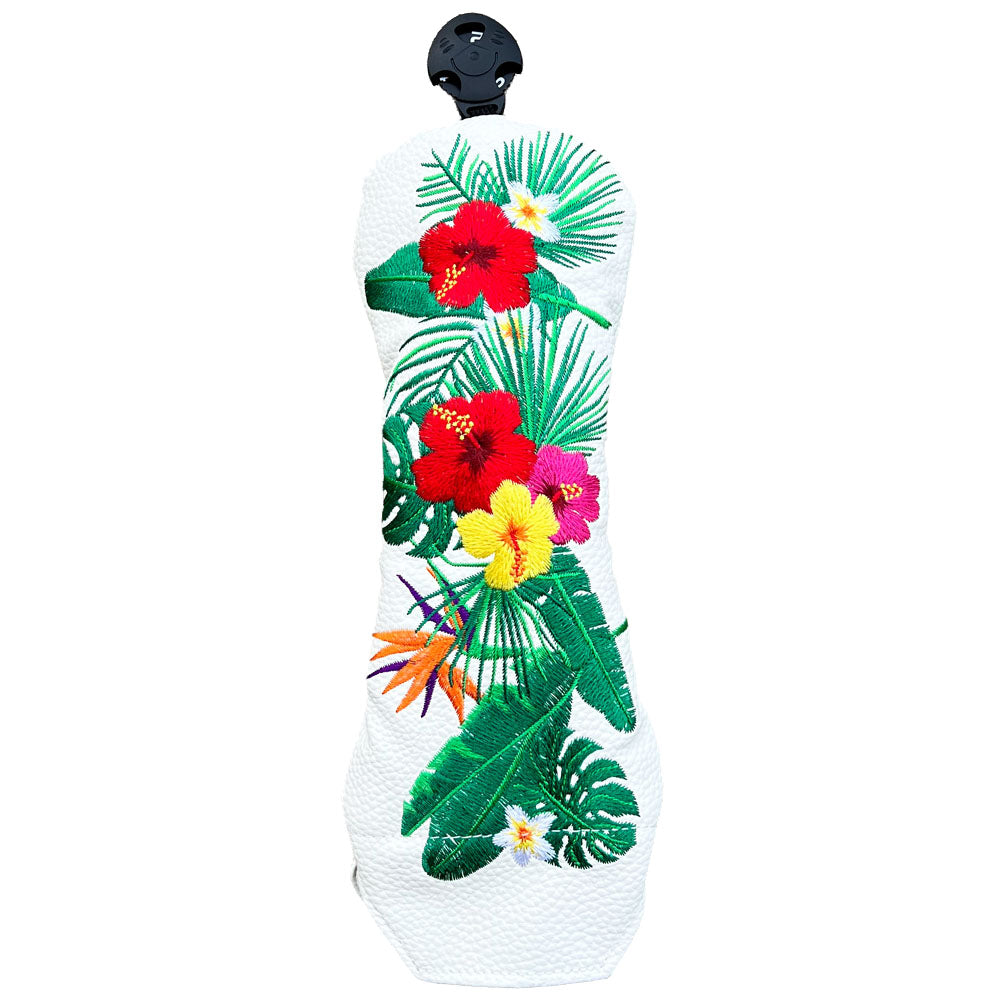 Golf hybrid head cover (front side) with tropical floral design on a white background