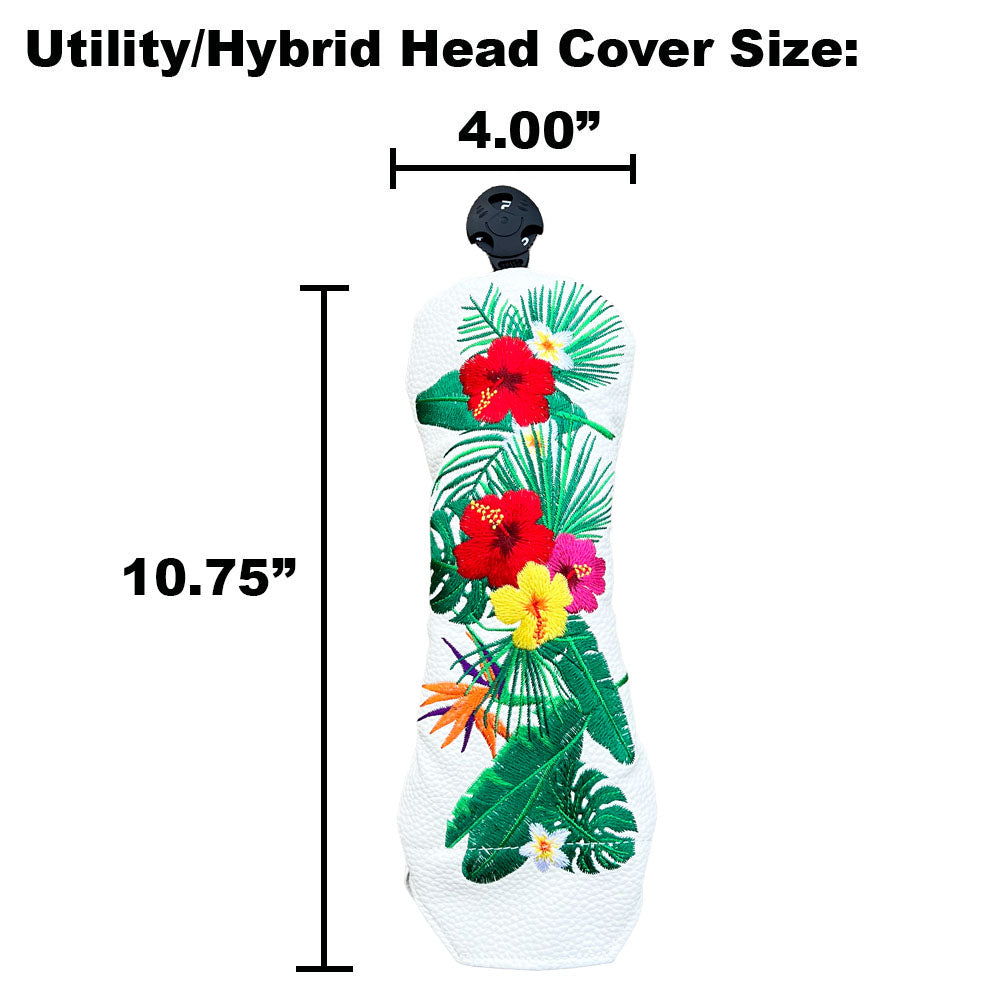 Tropical floral golf hybrid head cover with measurements on a white background