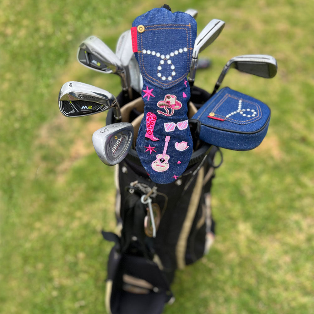 Giggle Golf Western Denim Utility/Hybrid Golf Club Head Cover On A Golf Bag