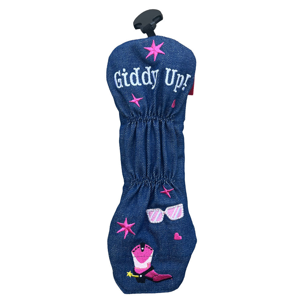 Denim golf utility club head cover (back) with western cowgirl themed accents