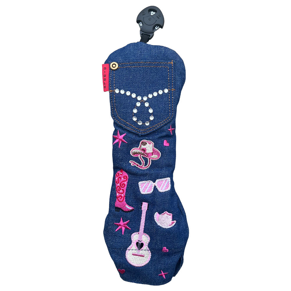 Denim-patterned hybrid golf head cover (front)  with pink western themed accents on a white background
