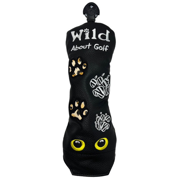 Giggle Golf Wild About Golf Utility Head Cover, black hybrid head cover with paw prints and cat eyes