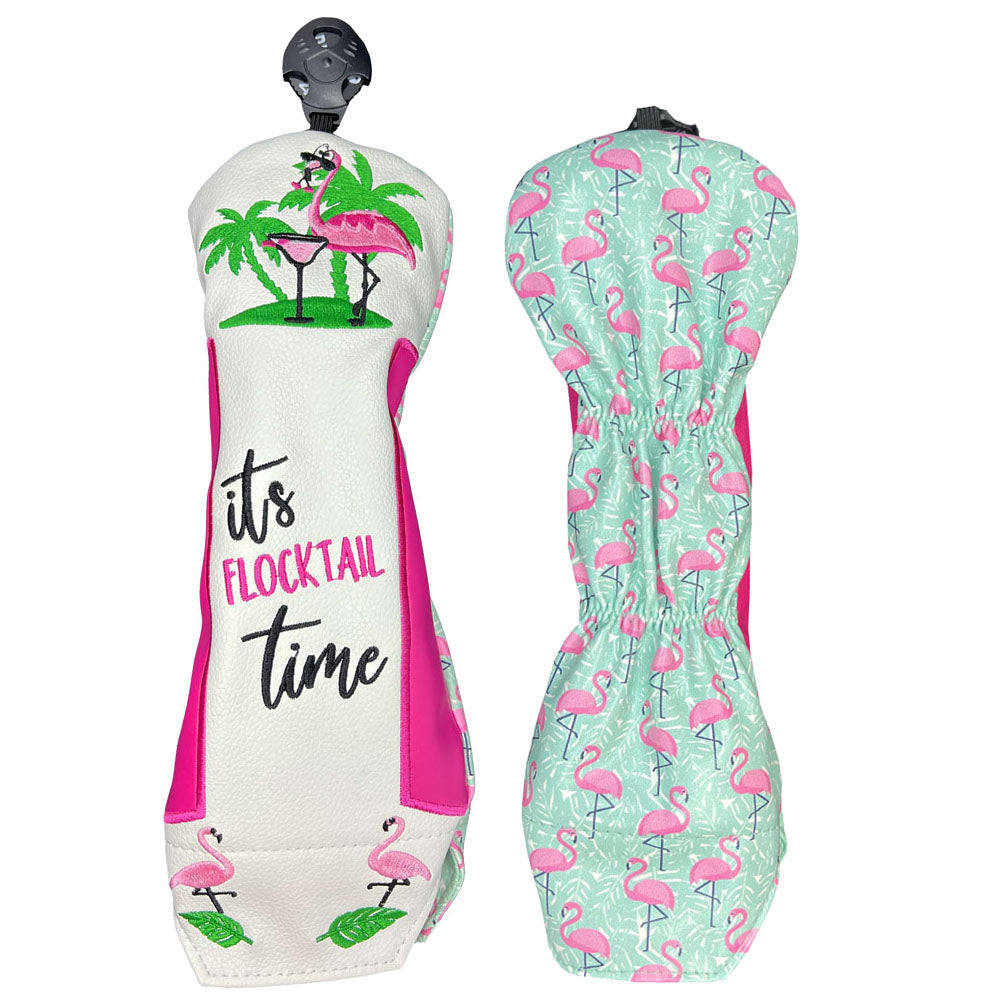 Giggle Golf Flamingos White Hybrid / Utility Golf Club Cover, Front & Back