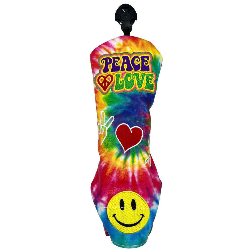 Tie-dye hybrid golf head cover with 'Peace Love' text and smiley face on a white background