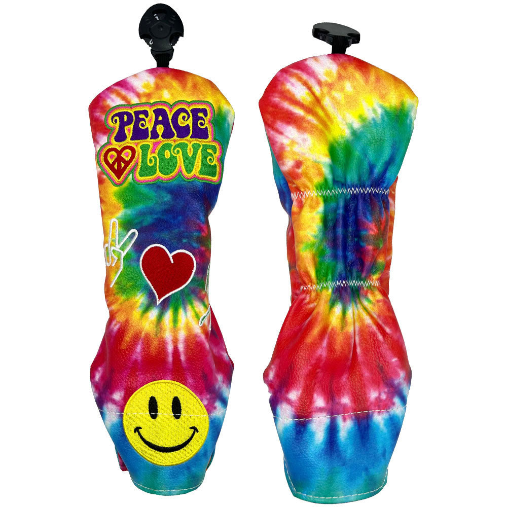Tie-dye golf hybrid head cover with 'Peace Love' text and symbols on a white background
