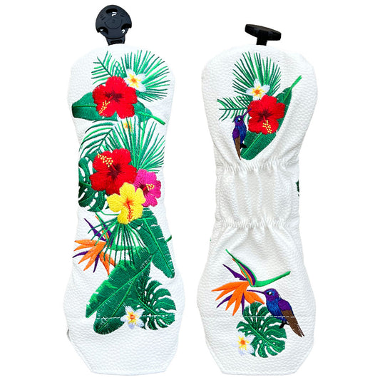 Front and back of the tropical floral hybrid golf head cover on a white background