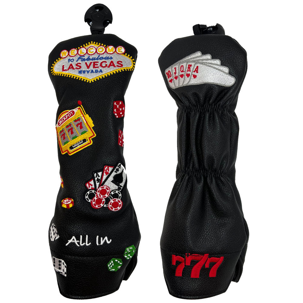 A black hybrid golf club head cover with Vegas inspired embroidery, like slot machines, dice, poker chips and the welcome to Las Vegas sign.