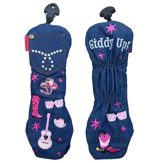 Denim women's hybrid golf head cover with rhinestone cowgirl design on white background