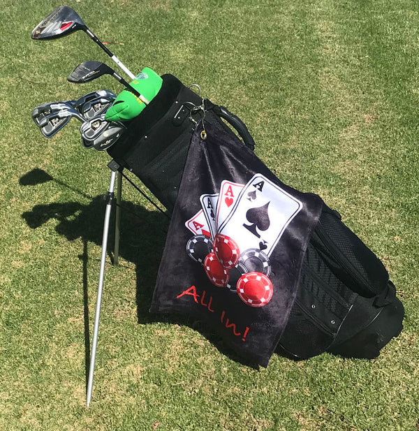 poker all in golf towel on golf bag
