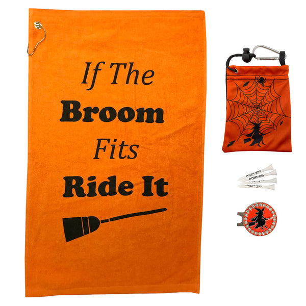 If the broom fits ride it par 3 - golf towel, tee bag with four golf tees, and a bling hat clip ball marker