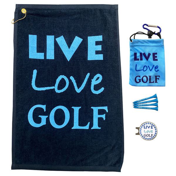 live loev golf (navy) golf towel with matching tee bag, four wooden golf tees, and a bling ball marker on a magnetic hat clip