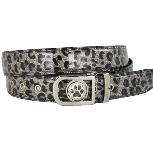 women's golf belt (black leopard print) with a bling black paw print golf ball marker