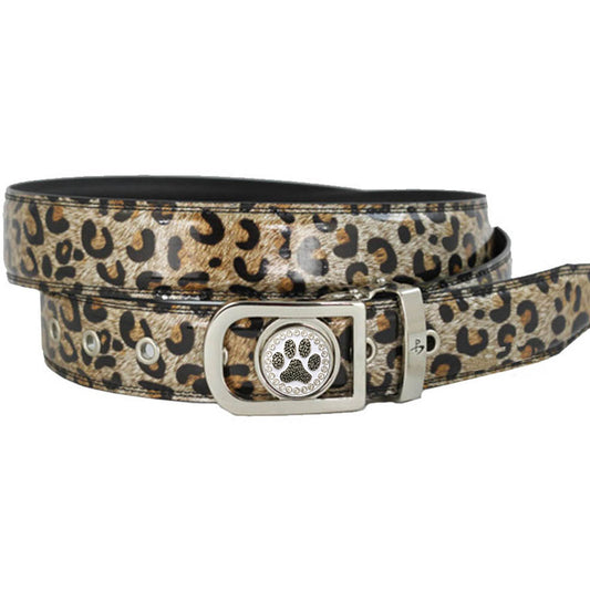 women's golf belt (gold leopard) with a bling black paw print golf ball marker