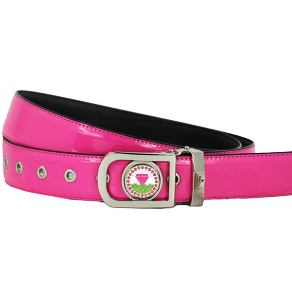women's golf belt (pink) with a bling pink diamond in the rough golf ball marker