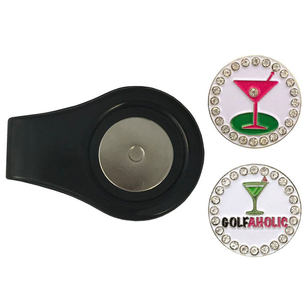 a bling 19th hole pink martini and a golfaholic golf ball marker on a black magnetic clip