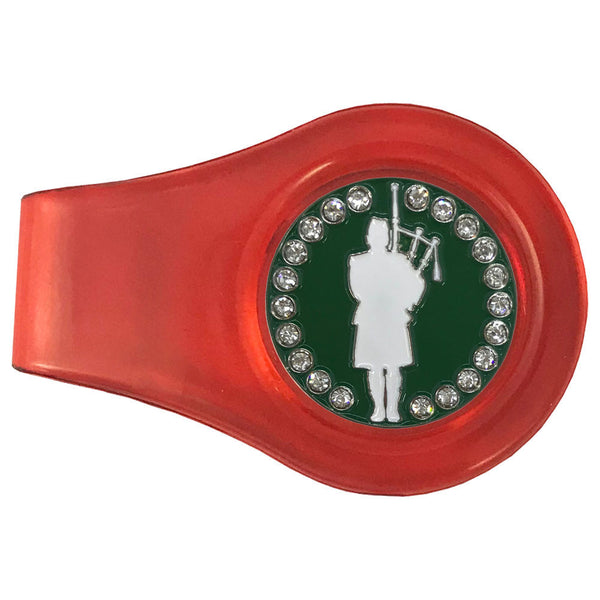 bling bagpiper golf ball marker on a magnetic red clip