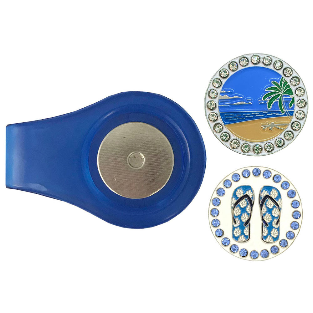 blue golf ball marker clip with beach scene marker and blue flip flops